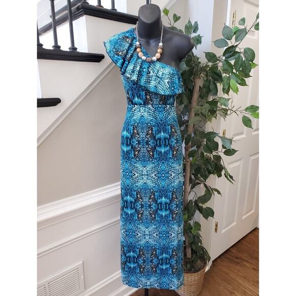 Mix & Co. Women's Blue Polyester One Shoulder Off Sleeveless Long Maxi Dress L - Picture 12 of 12